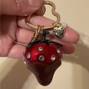 Betsey Johnson Red and gold chocolate covered strawberry w rhinestones keychain